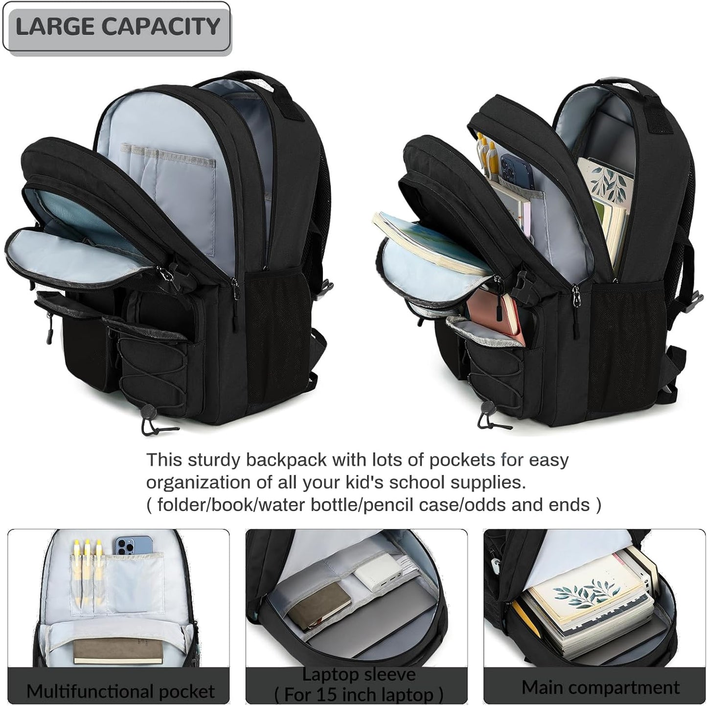 Lohol Water Resistant Daypack with Mulitiple Pockets for School Travel Outdoor College, 15.6 inch Laptop Backpack for Men and Women (Black)