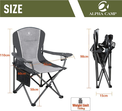 ALPHA CAMP Oversized Camping Folding Chair - Heavy Duty Steel Frame Support 350 LBS, Collapsible Padded Arm With Cup Holder, Quad Lumbar Back, Portable for Outdoor/Indoor