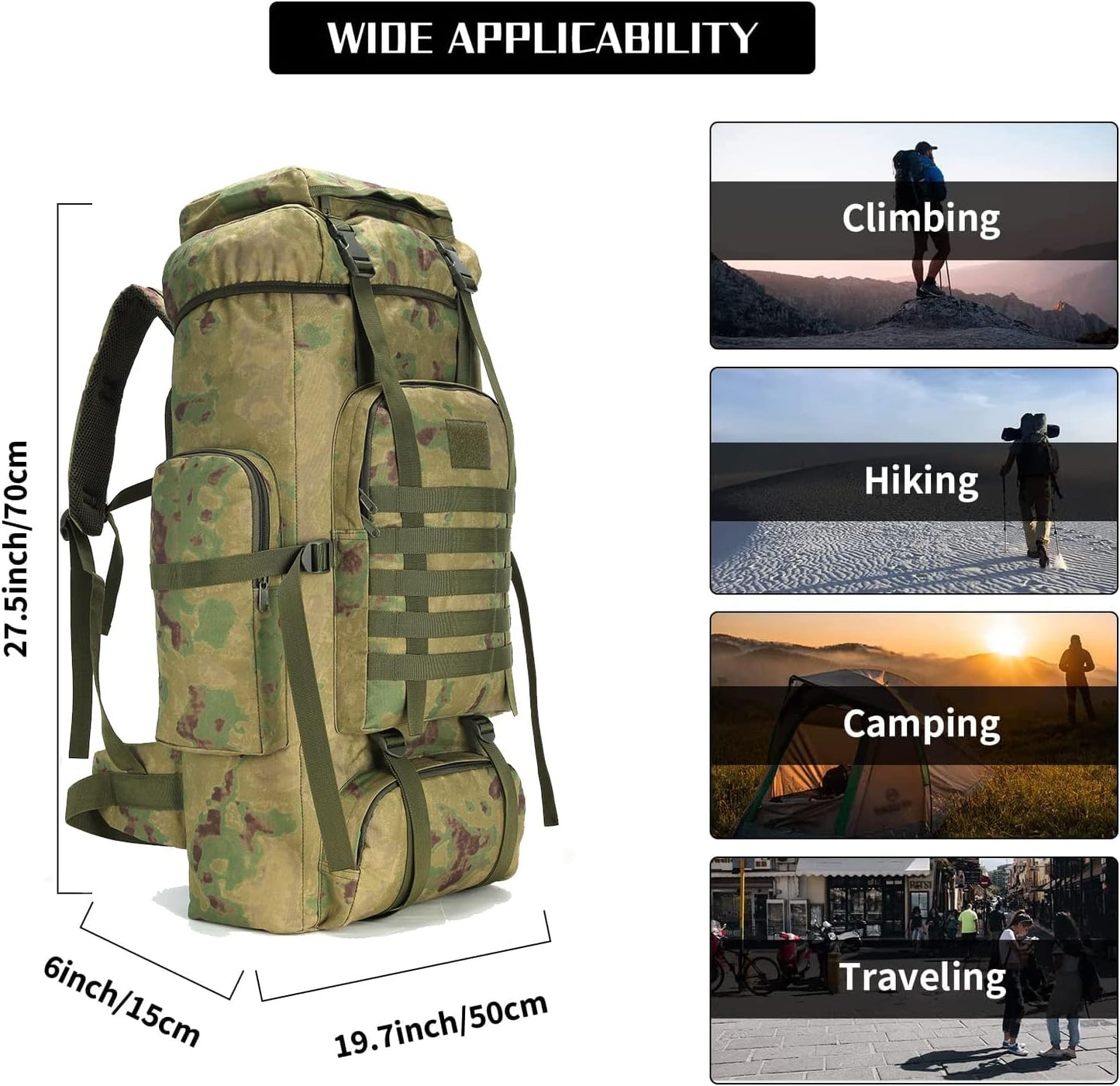 Hiking Backpack for Men 70L/100L Camping Backpack Military Rucksack Molle 3 Days Assault Pack for Climbing