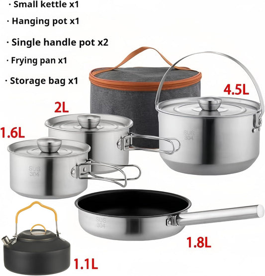 Camping Cookware Set 304 Stainless Steel 10pcs Pots & Pans,Kettle, Travel Mesh Bag for Camping, Trekking, Backyard Picnic & Backpacking Gear