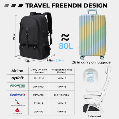 18.4 Inch gym backpack with shoe compartment,80L Multiple Compartments Backpacks, Airline Approved Carry on Travel Daypack Anti Theft with USB Charging Port,for Men Women Travel Work Business