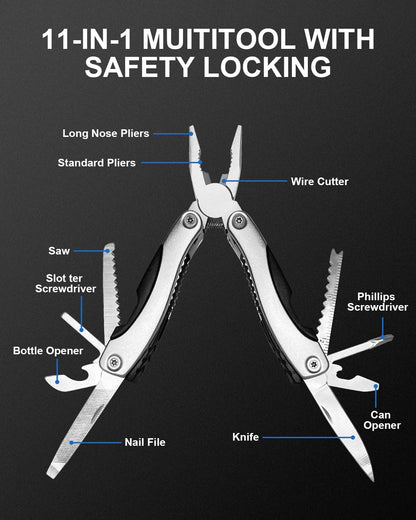 UNOONE 11-in-1 Multitool Pliers - Stainless Steel Pocket Knife with Pliers, Screwdriver & Bottle Opener - Aluminum Handle EDC Knives for Survival, Camping, Hunting, Hiking - Gift for Men Women (Black)