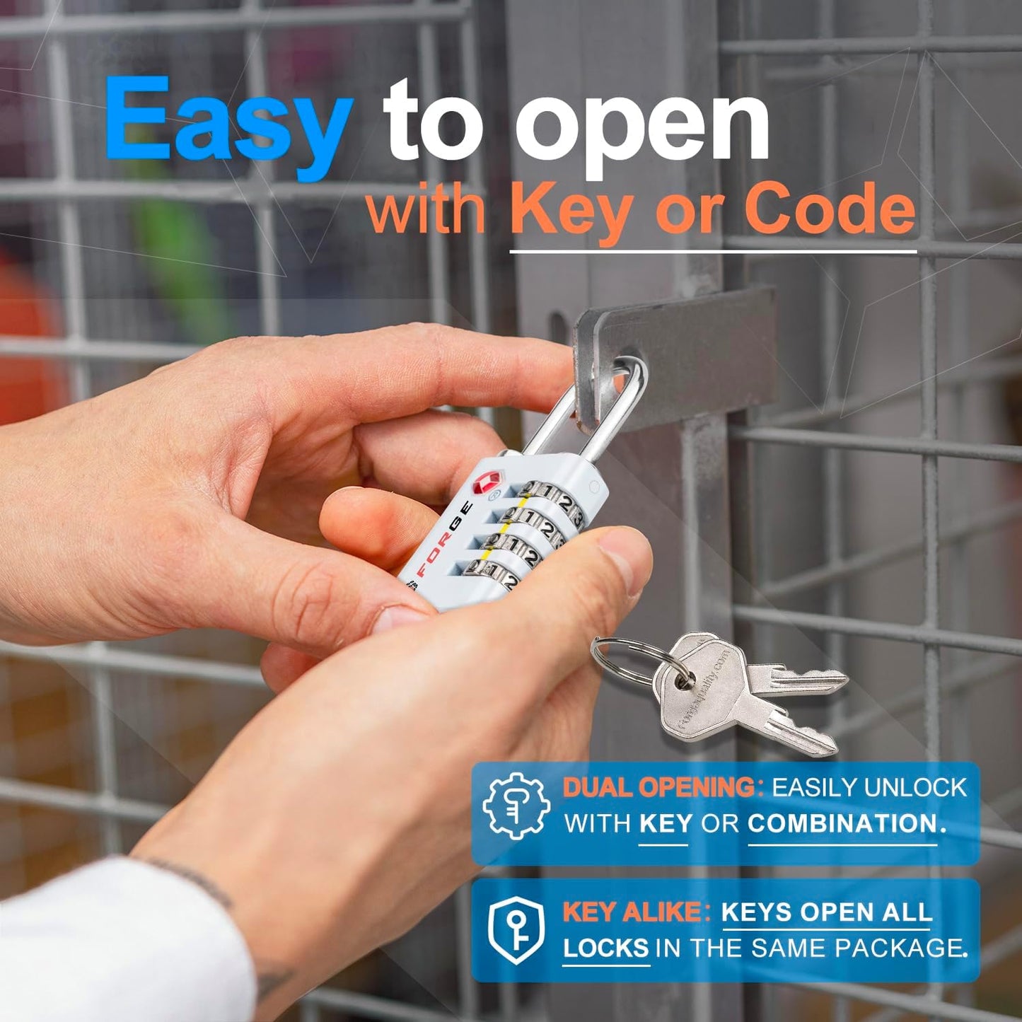 Forge Dual-Opening: Key or Combination Access Lock, TSA Approved Locks for Luggage, Pelican case, Travel, Gym, School, Stainless Steel Shackle. (White, 2 Pk)