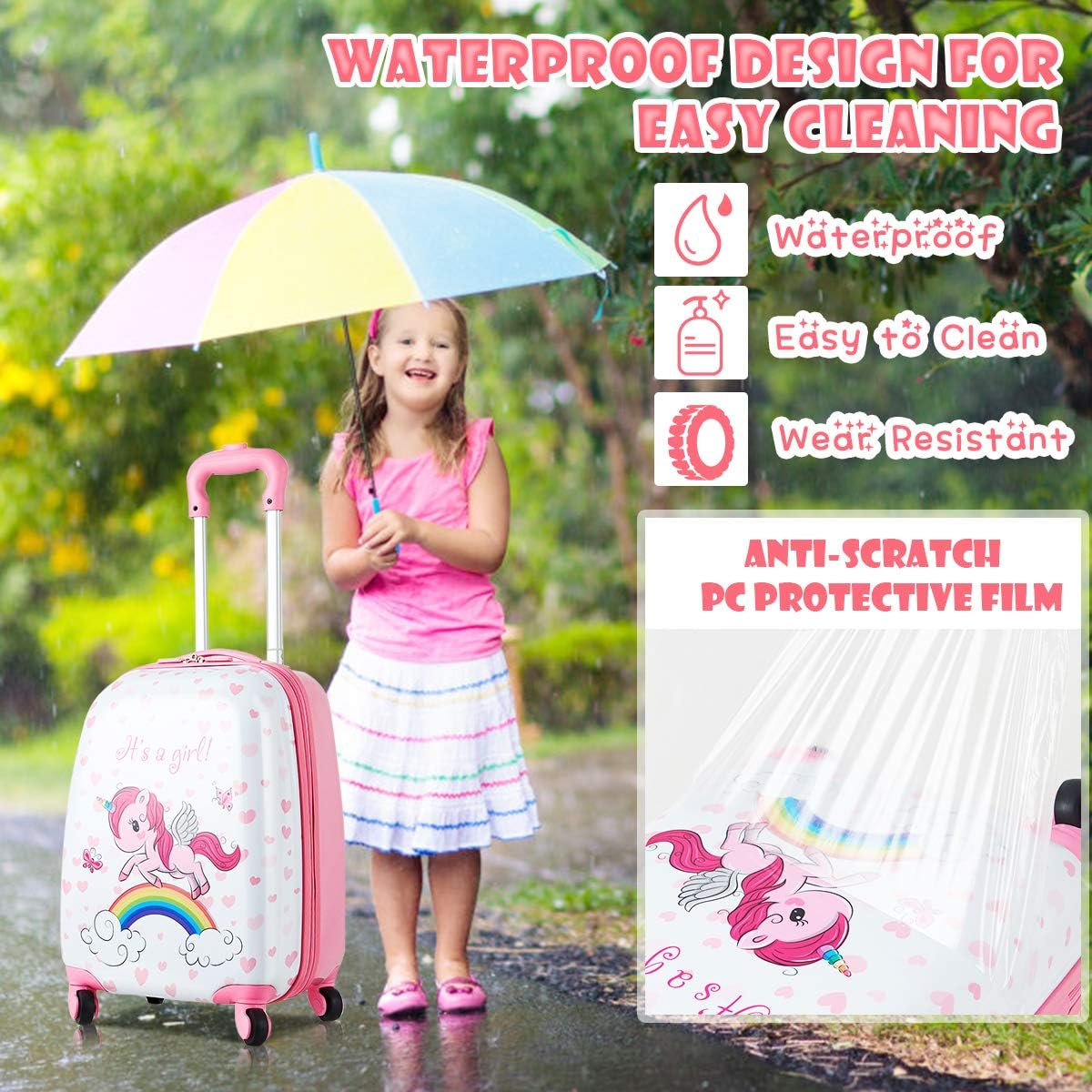 HONEY JOY 2 Pcs Kids Carry On Luggage, 12" School Backpack & 16" Rolling Suitcase, Waterproof Hard Shell Travel Case with Spinner Wheels, Gift for Boys Girls Overnight Travel, Pink Unicorn