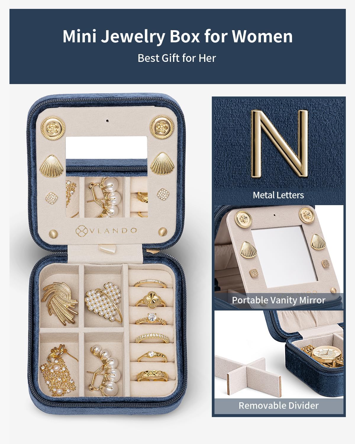 Vlando Graduation Gifts for Her, Graduation Travel Gifts for Women, 2025 Graduation Gifts Travel Accessories for Girls, Graduation Travel Essentials Small Jewelry Box - Letter N, Dark Blue