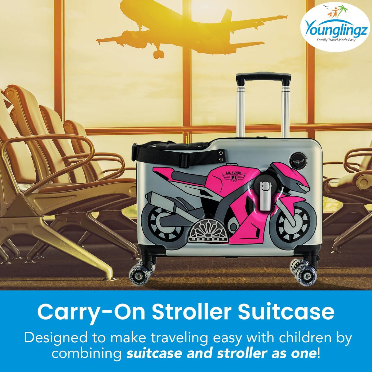 Younglingz LIL FLYER GO Version 2 Ride On Suitcase for Kids | Carry On Luggage with Toddler Seat, Foldable Handlebars, Pedals, and Removable Wheels | Holds up to 80 lbs | Pink Motorcycle | Ages 2-6
