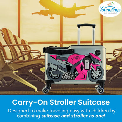 Younglingz LIL FLYER GO Version 2 Ride On Suitcase for Kids | Carry On Luggage with Toddler Seat, Foldable Handlebars, Pedals, and Removable Wheels | Holds up to 80 lbs | Pink Motorcycle | Ages 2-6