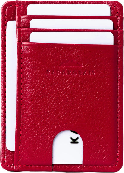 KARAKORAM Vertical Handcrafted Premium Leather Front Pocket Credit Card Holder with RIFD Protection | Artisan Made Slim Leather Wallet | Finger Glide Slots for Cards and ID (Summit Sunset Red)