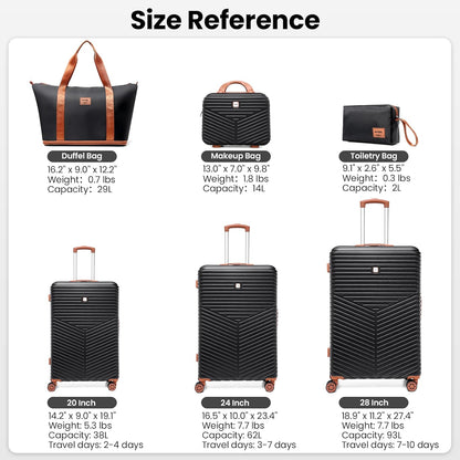 Hoteel 6 Piece Luggage Set (4-YEAR WARRANTY) Carry on ABS+PC Hard Shell Suitcase with Spinner Wheels & TSA Lock (Black)