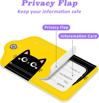 Set of 2 Luggage Tags Two Black Kitten Face Head Leather Suitcases Tag with Privacy Cover Stainless Steel Loop and Address Card for Women Men Travel