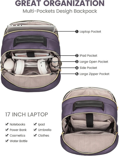 LOVEVOOK Laptop Backpack for Women, Large Capacity Travel Computer Work Bag with 17-inch Laptop Compartment, Business Nurse Backpack Purse, Hiking Outdoor Carry On Backpack, Purple Grey