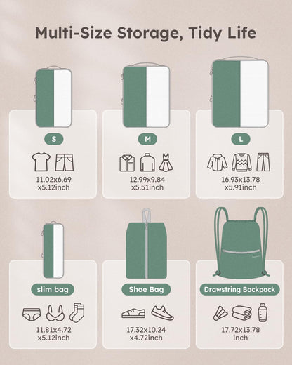 6 Set Compression Packing Cubes for Travel, Bonus Versatile Drawstring Backpack, Lightweight Luggage Organizer Bags, Sturdy Travel Accessories for Suitcase, Dark Green