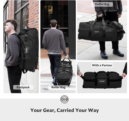 STOVER 80L Rolling Duffel Bag with Wheels, Large 31 Inch Durable Travel Duffle + Toiletry Bag, Heavy Duty, Packable, Foldable w/Shoulder Straps- Use as Luggage or Backpack, Men/Women (Black)