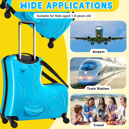 20" Kids Ride on Suitcase,Childrens Ride on Luggage with Safety Belt,Trolley Suitcase with Silent Wheel Combination Lock,Suitable for Kids Aged 1-8 Years Old (Blue)