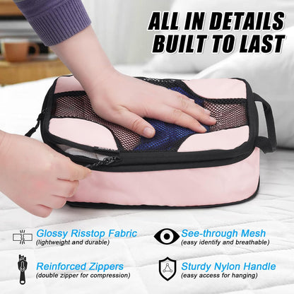 6 Set Compression Packing Cubes for Travel Women, Compression Bags Organizer for Packing Luggage Space Saving, Suitcase Organizer Set for Travel Essentials - Pink