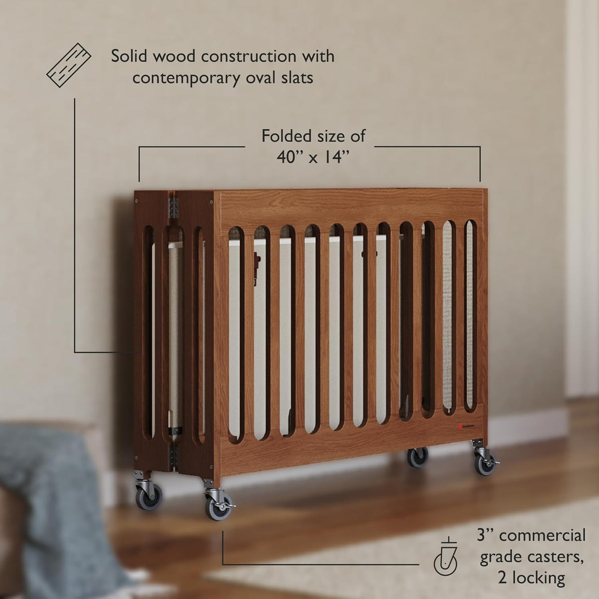 Foundations Boutique Folding Mini Baby Crib - Compact, Portable, Wooden Hotel Crib, Foldable Mini Crib for Baby & Toddlers - Includes 3" Foam Mattress, Cherry