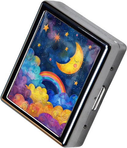 8‑Compartment Metal Pill Box Organizer – Portable Medicine Case 3″×2.6″ | Food‑Grade Dividers | Secure Snap Button Lid | Travel & Gift for Seniors (Dreamy Moon and Rainbow Skies)
