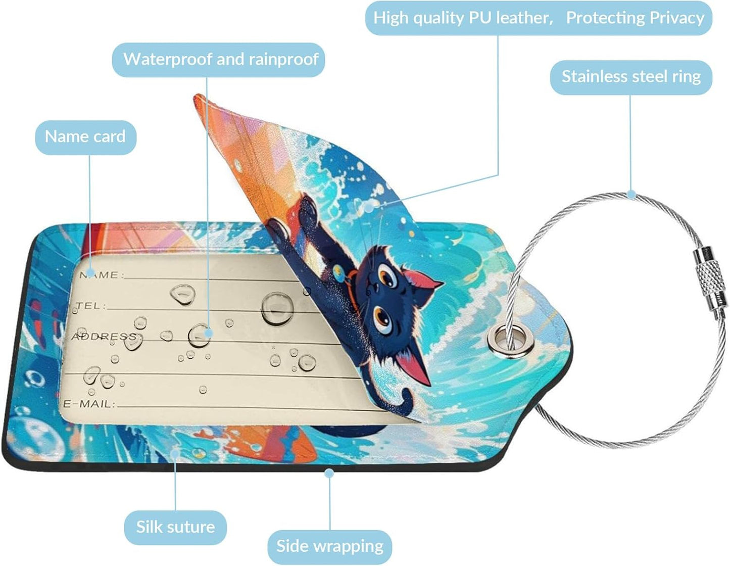 Fun Luggage Tags for Suitcases Leather Name Tag for Luggage Cute Travel Baggage Tags for Carnival Cruise Ships with Funny Patter 2pcs (Surf Cat)