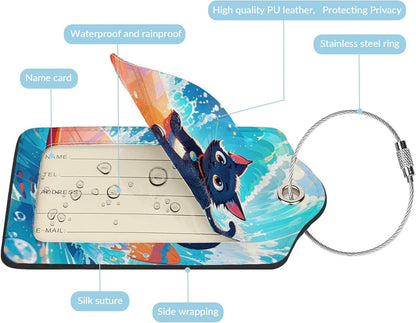 Fun Luggage Tags for Suitcases Leather Name Tag for Luggage Cute Travel Baggage Tags for Carnival Cruise Ships with Funny Patter 2pcs (Surf Cat)