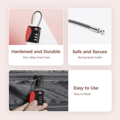 pack all TSA Approved Cable Luggage Locks, 3 Digit Combination Padlocks, Travel Lock for Suitcases & Bag, Alloy Body, Travel Accessories (4 Pack)（Red）