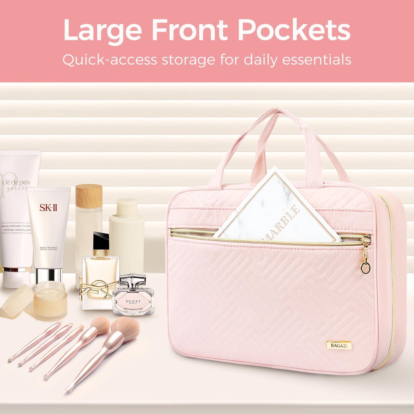 BAGAIL Hanging Toiletry Bag for Women Water-resistant Cosmetic Bag Large Capacity Travel Makeup Organizer for Full-Sized Travel Essentials(Classic+Jewelry Bag, Pink)