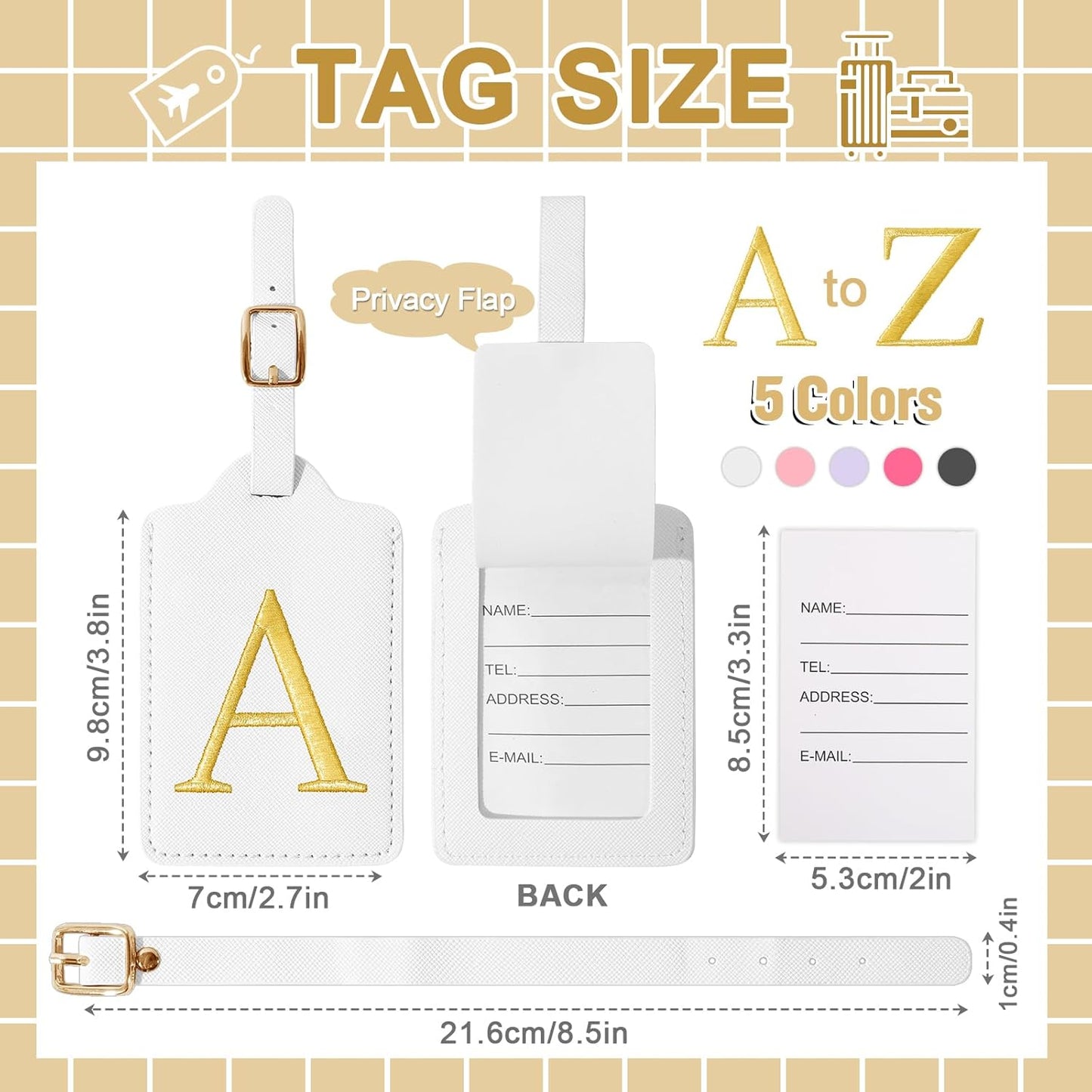 Personalized Initial Luggage Tags for Suitcase TSA Approved, White Leather Cute Luggage Tag with Privacy Cover Name Card, Embroidered Custom Luggage Tags Travel Baggage Tags Gifts for Women Kids(A)