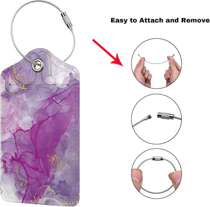 2 Pack Abstract Purple Luggage Tag for Suitcases Women, Art Painting Violet and Gold Marble PU Leather Airport Travel Bag Tags for Cruise Ships, Baggage Name Tags with with Full Back Privacy Cover