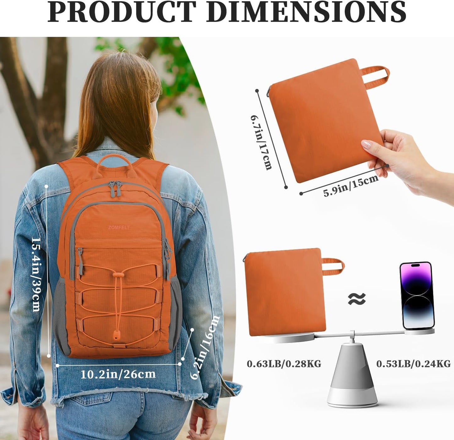 ZOMFELT Hiking Backpack for Women Men, 15L Lightweight Packable Backpacks for Trip, Water Resistant Small Travel Backpack, Foldable daypack for Hiking, Walking, Cycling, Camping, Orange