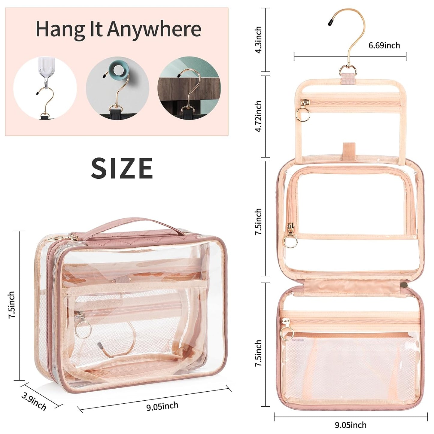 CUBETASTIC Clear Makeup Bag for Women, Transparent Cosmetic Organizer Case for Travelling, Hanging Toiletry Bag for Travel Essentials 3 Comparment Skincare Pouch with Potable Handle