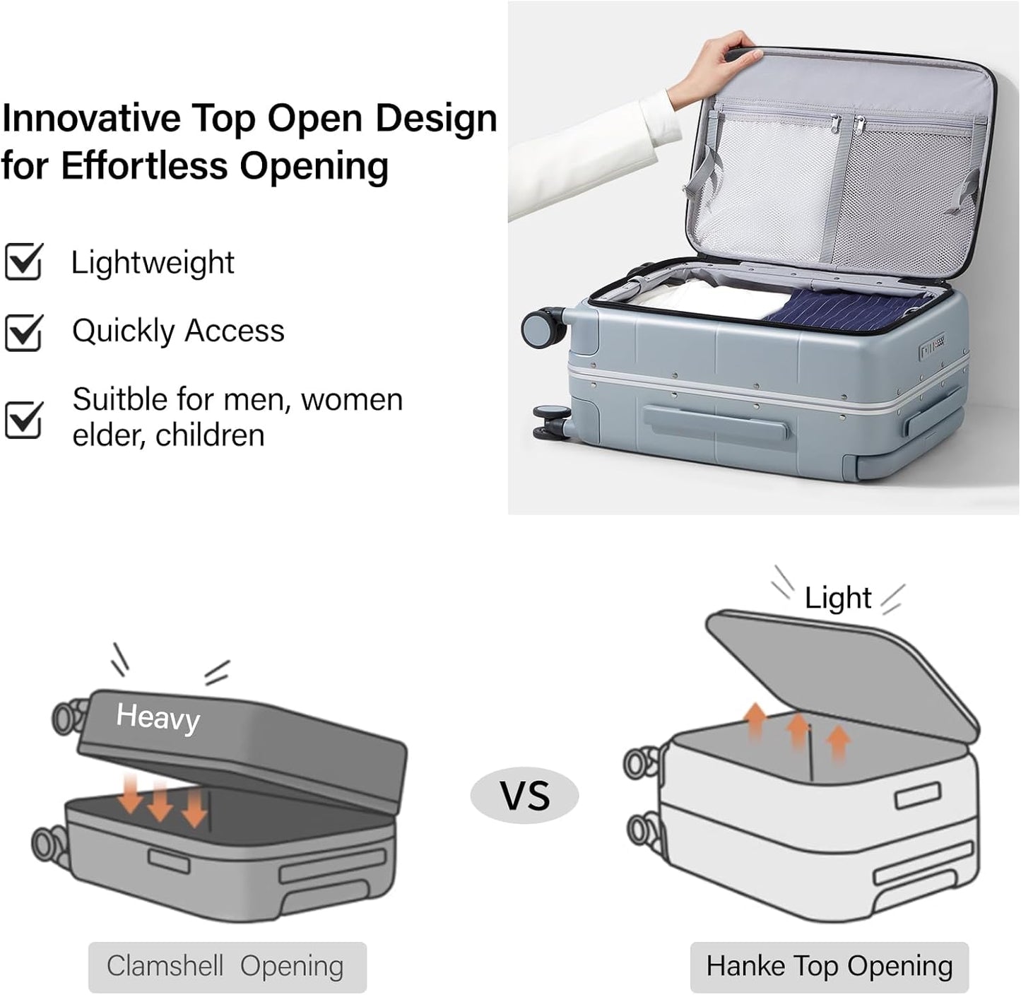 Hanke Top Opening 24 Inch Luggage with Spinner Wheels, Aluminum Frame All-PC Hard Shell Medium Suitcase, Zipperless Trunk Wide Handle Luggage, TSA Checked-Medium(Grey, 69L)