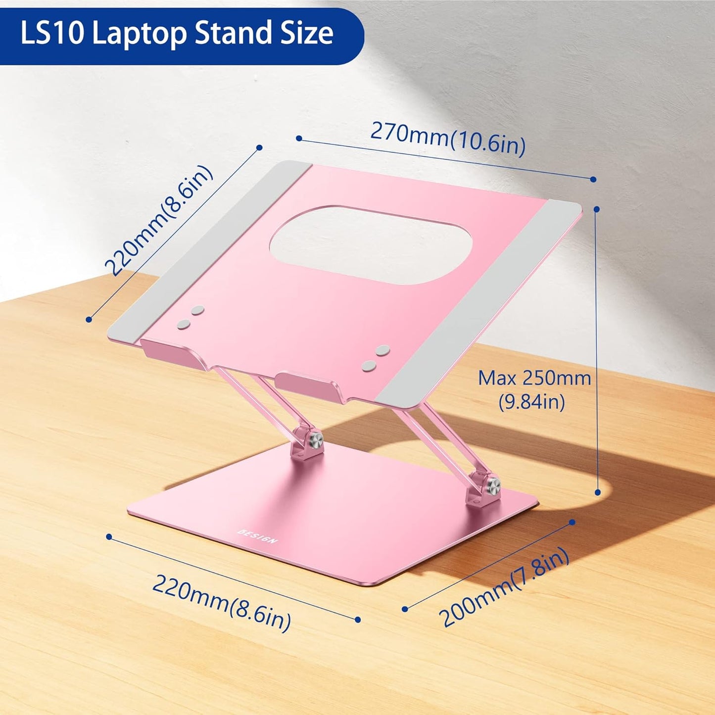BESIGN LS10 Aluminum Laptop Stand, Ergonomic Adjustable Notebook Stand, Computer Holder Compatible with Air, Pro, Dell, HP, Lenovo More 10-14" Laptops, Pink