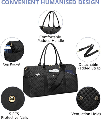 Women Weekender Travel Duffle Bag: Travel Duffel Overnight Bags with Shoe Compartment Large Carry on Tote with Toiletry Bag Weekend Traveling Yoga Gym Hospital Bag for Women with Wet Pocket Black