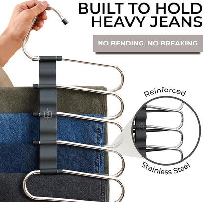 MORALVE Pants Hangers Space Saving - 2 Pack - Non-Slip Multi-Layer Space Saving Hangers - Multifunctional Clothing Rack for Closet Storage - Ideal for Jeans, Trousers, Skirts, Scarves & Slacks (Black)