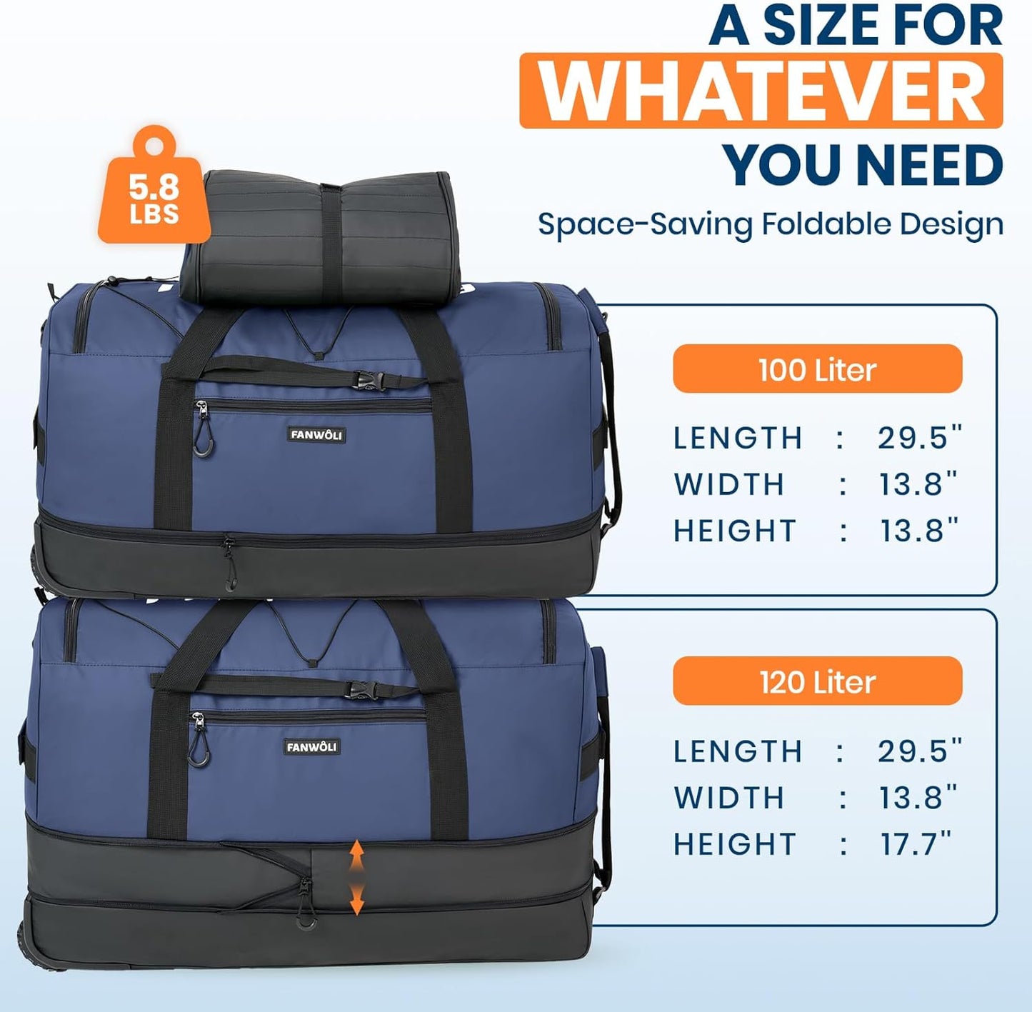 Fanwoli 30'' Rolling Duffel Bag with 2 Wheels - No-Sag Design for Heavy Loads, Expandable 100L-120L Luggage with Soft Handle & Lock, Waterproof Foldable Lightweight with for Travel, Camping,Moving