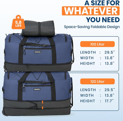 Fanwoli 30'' Rolling Duffel Bag with 2 Wheels - No-Sag Design for Heavy Loads, Expandable 100L-120L Luggage with Soft Handle & Lock, Waterproof Foldable Lightweight with for Travel, Camping,Moving