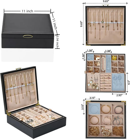 2-layer jewelry box，Jewelry Organizer with Handle，with hanging necklace hooks, detachable jewelry trays, suitable for storing a large amount of jewelry gift box (Large-Black)