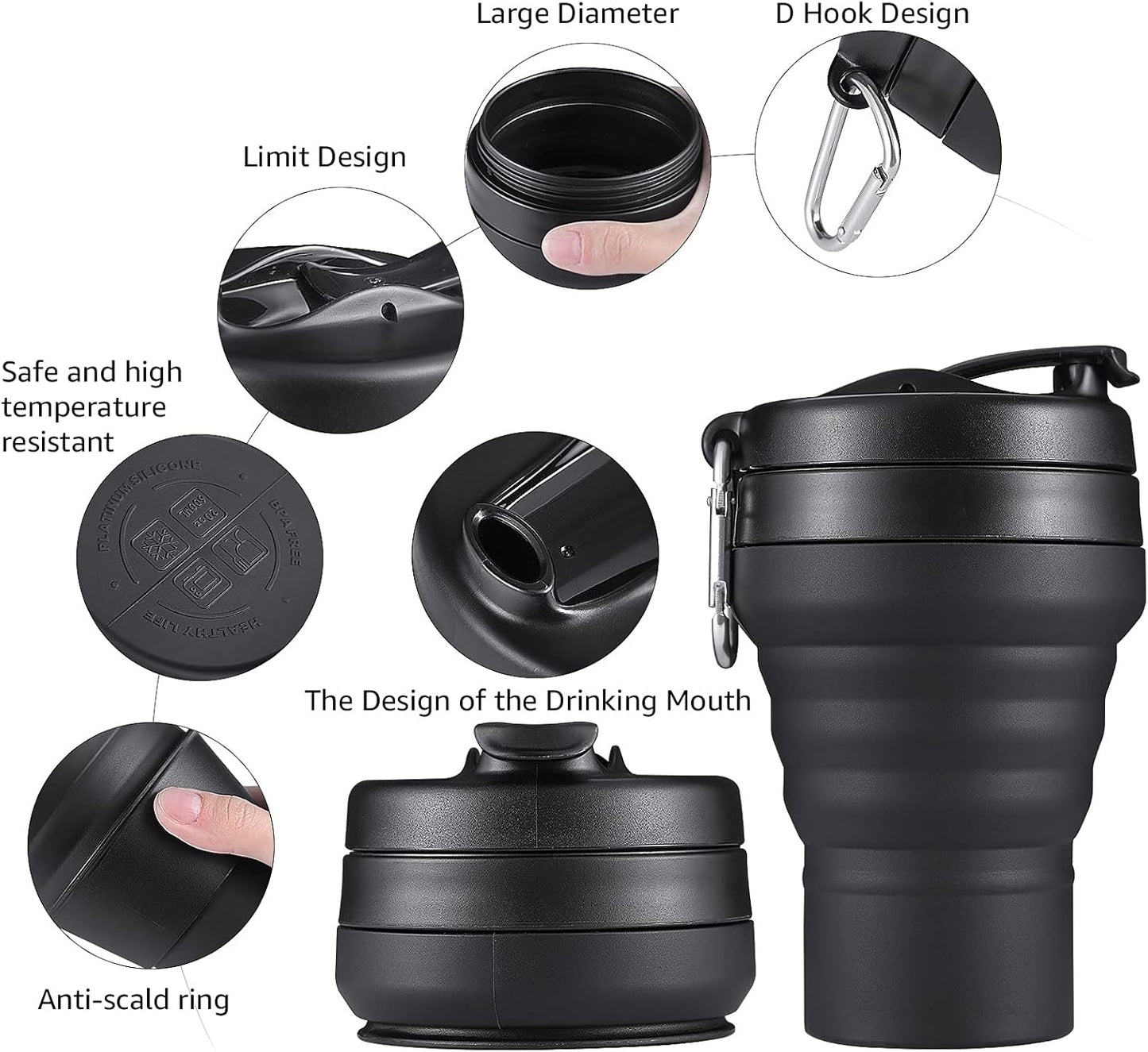 Collapsible Coffee Cup, 16 OZ 480ml Silicone Travel Folding Cup, Leak Proof BPA Free Portable Cup, Travel mug with Lids for Camping hiking (16OZ)