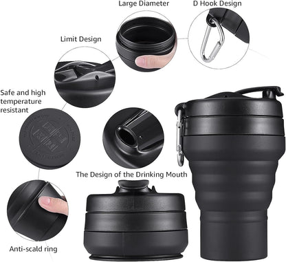 Collapsible Coffee Cup, 16 OZ 480ml Large Silicone Folding Camping Mug, Leak Proof BPA Free Portable, Travel Bottle with Lids for hiking, Microwave & Dishwasher Safe (Black)