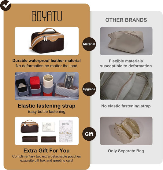 BOYATU Travel Makeup Bag Organizer Cosmetic Bag: 3 Pcs Set Make up Bags for Women with Handle - Waterproof Vegan Leather Toiletry Bags with Comparments (D-01-Brown)