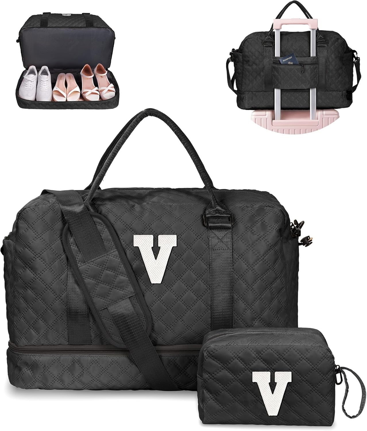 Bridesmaid Proposal Gifts-Initial Duffle Bag with Shoe Compartment, Personalized Weekender Bag, Monogram Overnight Bag, Travel Bag with Makeup Bag, Daughter Sister Birthday Gifts (Letter V)