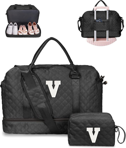 Bridesmaid Proposal Gifts-Initial Duffle Bag with Shoe Compartment, Personalized Weekender Bag, Monogram Overnight Bag, Travel Bag with Makeup Bag, Daughter Sister Birthday Gifts (Letter V)