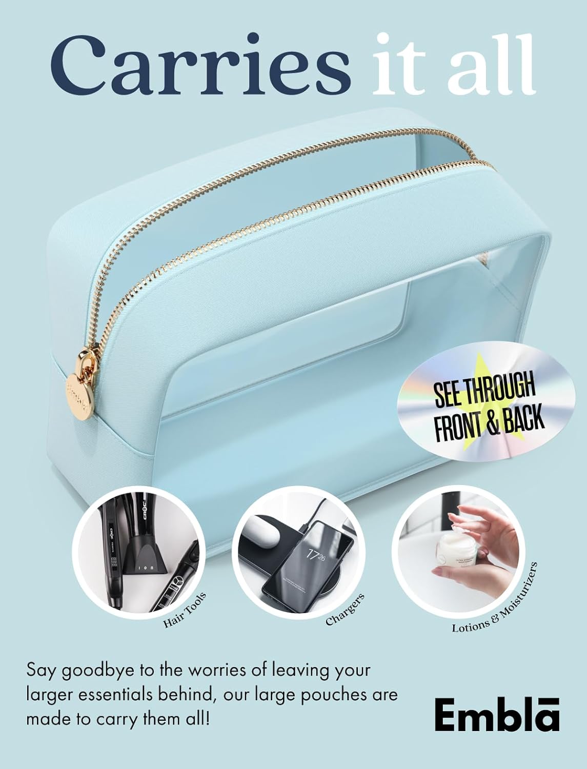 Clear Makeup Bag Zipper Pouch, Transparent Cosmetic Case Organizer, TSA Approved Travel Toiletry Case, Travel Accessories Essentials Makeup Tote for Women, Large Cute Make up Bag for Purse - Sky