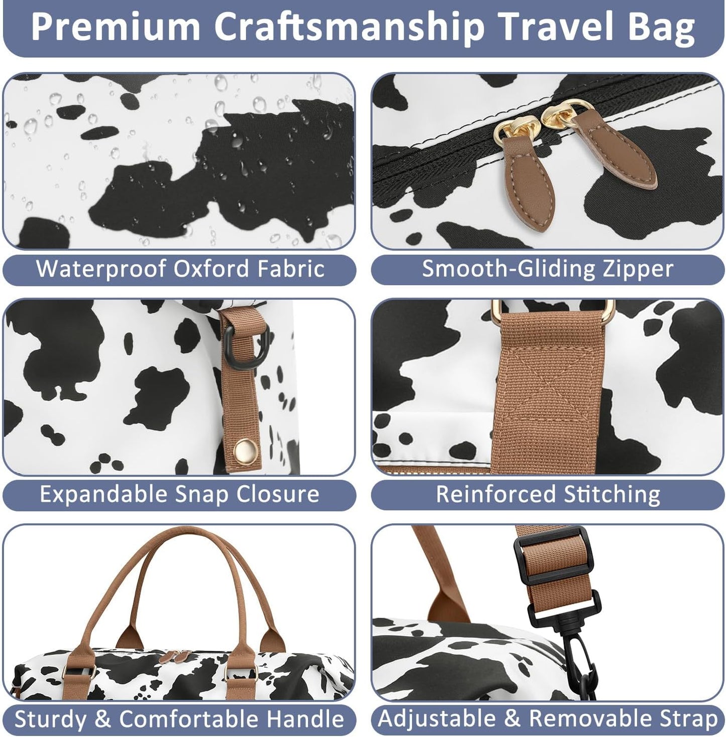 Travel Duffle Bag for Women, Weekender Bags, Hospital Bag for Labor Delivery, Lightweight Tote Duffel Overnight Bag with Luggage Sleeve, Airplane Travel Bags with Toiletry Bag, Large, Cow