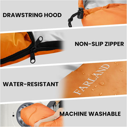 FARLAND Sleeping Bags 30℉ for Adults Teens Kids with Compression Sack Portable and Lightweight for 3-4 Season Camping, Hiking,Waterproof, Backpacking and Outdoors