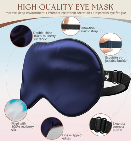 HiRui Silk Sleep Mask, 100% Natural Mulberry Silk of Double-Sided & Inner-Filling, Ultra-Smooth Soft, Adjustable Strap, Blocks Light for Night Sleeping, Travel, Office Naps (Navy Blue)