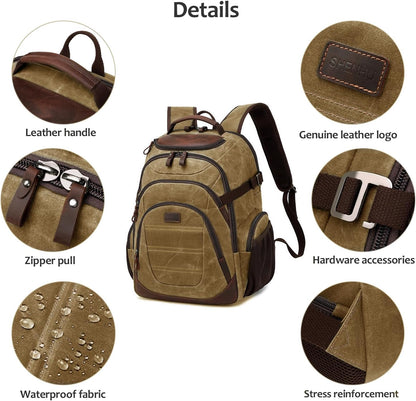 Travel Laptop Backpack 17.3 inch XL Computer Backpack for Men Waxed Canvas College Daypack Business Backpack Brown