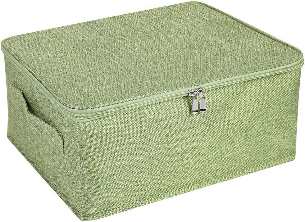ANMINY Storage Bins with Zipper Lids 13 Qt Lidded Fabric Storage Boxes Baskets Cubes with Handles Collapsible Washable Cotton Linen Closet Shelf Clothes Organizer Containers - Green, Small