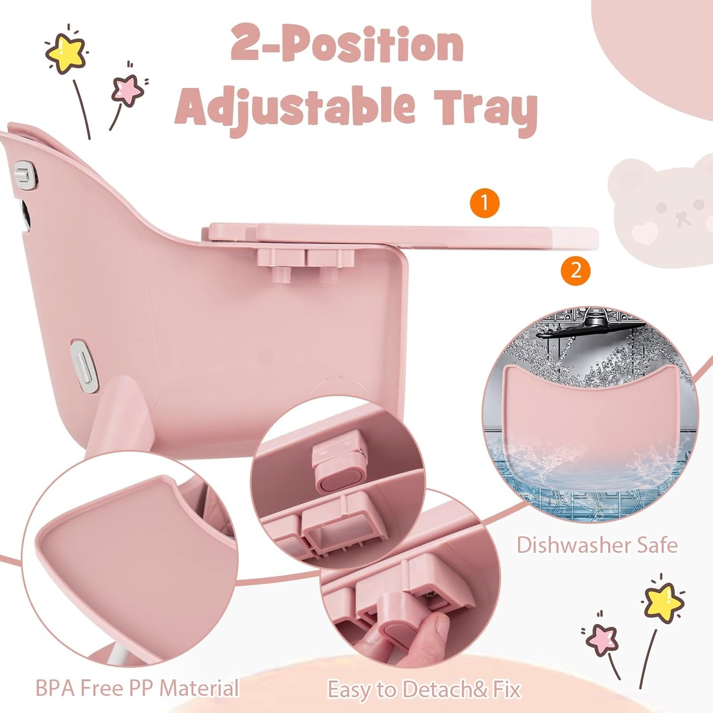 HONEY JOY 5-in-1 High Chair, Convertible Highchair for Babies and Toddlers/Kids Chair Table Set/Infant Feeding Chair w/Safety Harness, PU Leather Cushion & Removable Food Tray (Pink)