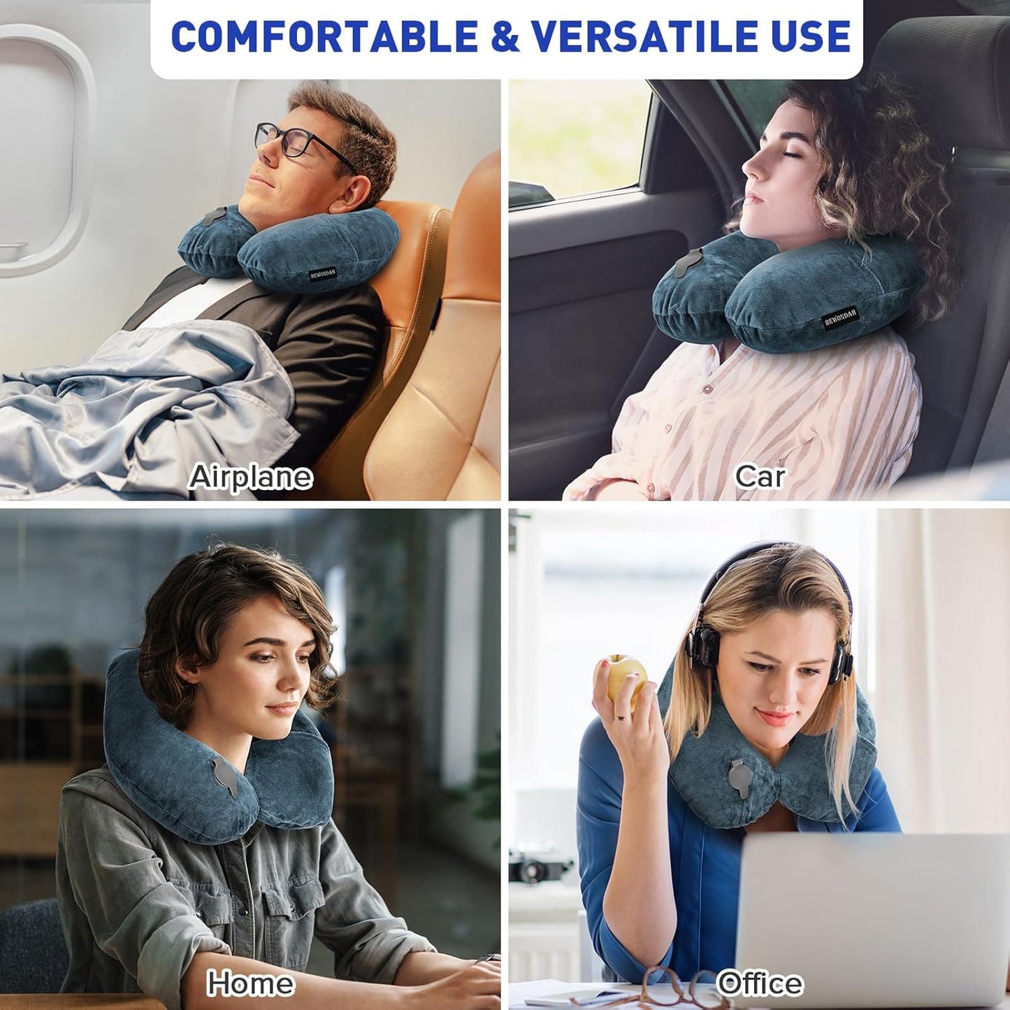 Rewondah Neck Pillows for Travel, Inflatable Travel Pillow, Inflatable Neck Pillow for Traveling Airplane with Soft Velour Washable Cover, U Shape Blow Up Neck Pillow for Airplanes Train Car Travel