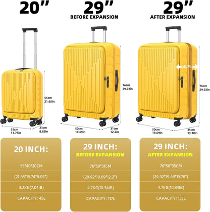 2 Pieces 20/29 Luggage Sets, 20 Inch Cabin Luggage with Front Pocket & 29 Inch Side Opening Suitcase, Ligthweight ABS+PC Hardshell, TSA Lock with HINOMOTO 360° Wheels, Yellow